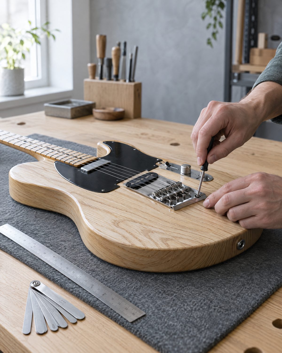 Réglage de la hauteur des pontets d'une guitare électrique à l'atelier