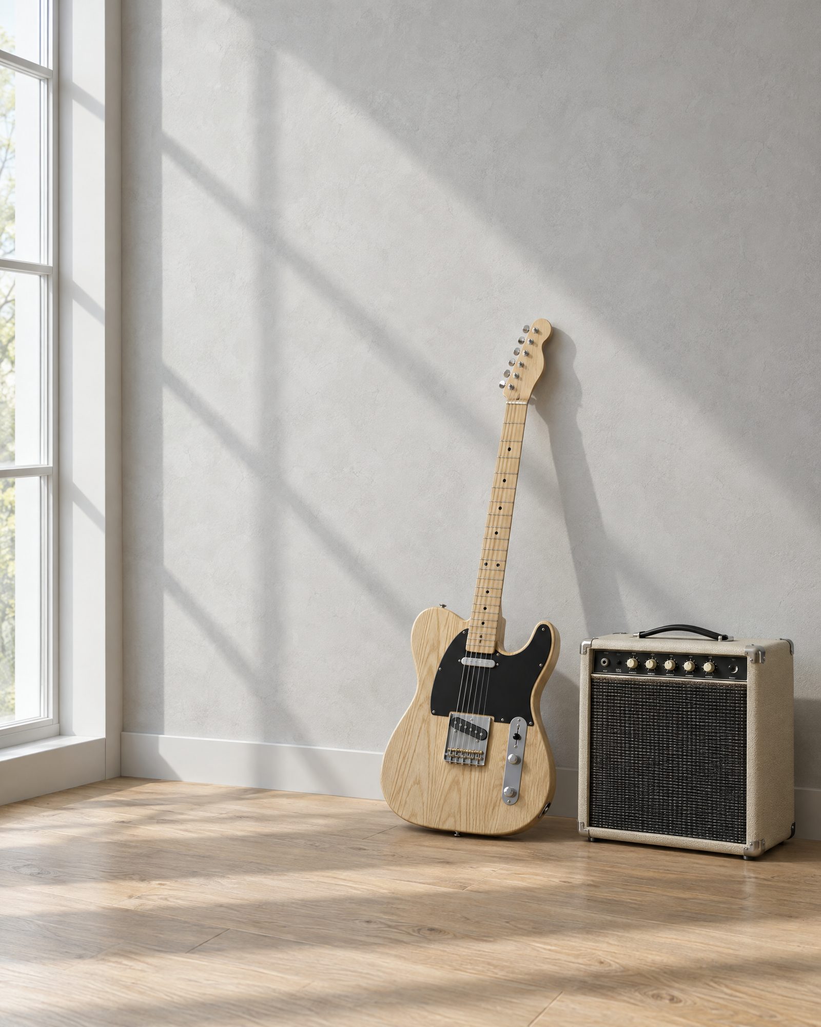 Guitare électrique et petit ampli à lampes dans une pièce baignée de lumière